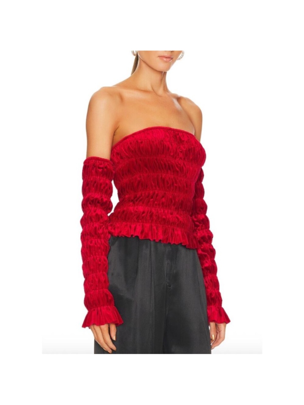 Norma Kamali Red Ruched Square-Neck Tube Top with separate sleeves